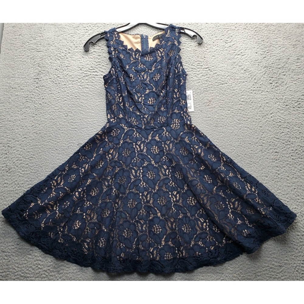 City Studio Fit & Flare Dress Women 1 Blue Floral Lace Lined Sleeveless Back Zip